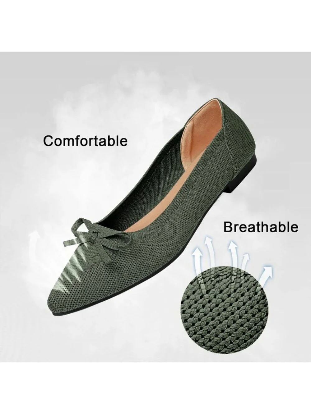 Women's Green Flats Pointed Toe Bow Knit Ballet Shoes Comfortable Dressy Mesh